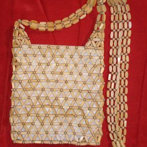 New 8" x 8" HAND-BEADED BAMBOO CROSS-BODY BAG 46" Strap